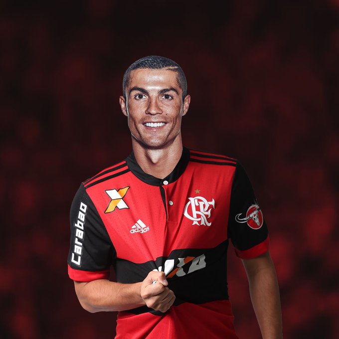 Montagem de Cristiano Ronaldo com o uniforme do Flamengo. (Foto:Reprodução/Twitter) Lorena Bueri