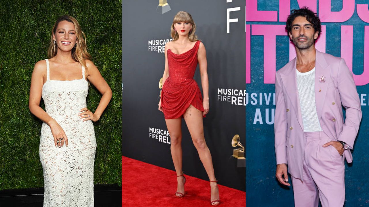 Blake Lively, Taylor Swift e Justin Baldoni posando em fotos | Reprodução/Sean Zanni/Axelle/Bauer-Griffin /Gotham/Getty Images Embed