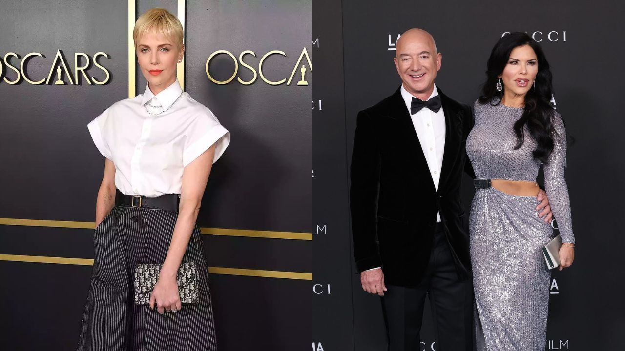 Charize Theron, Jeff Bezos e Lauren Sanchez | Reprodução/Pinterest/@Instyle/@TheCut