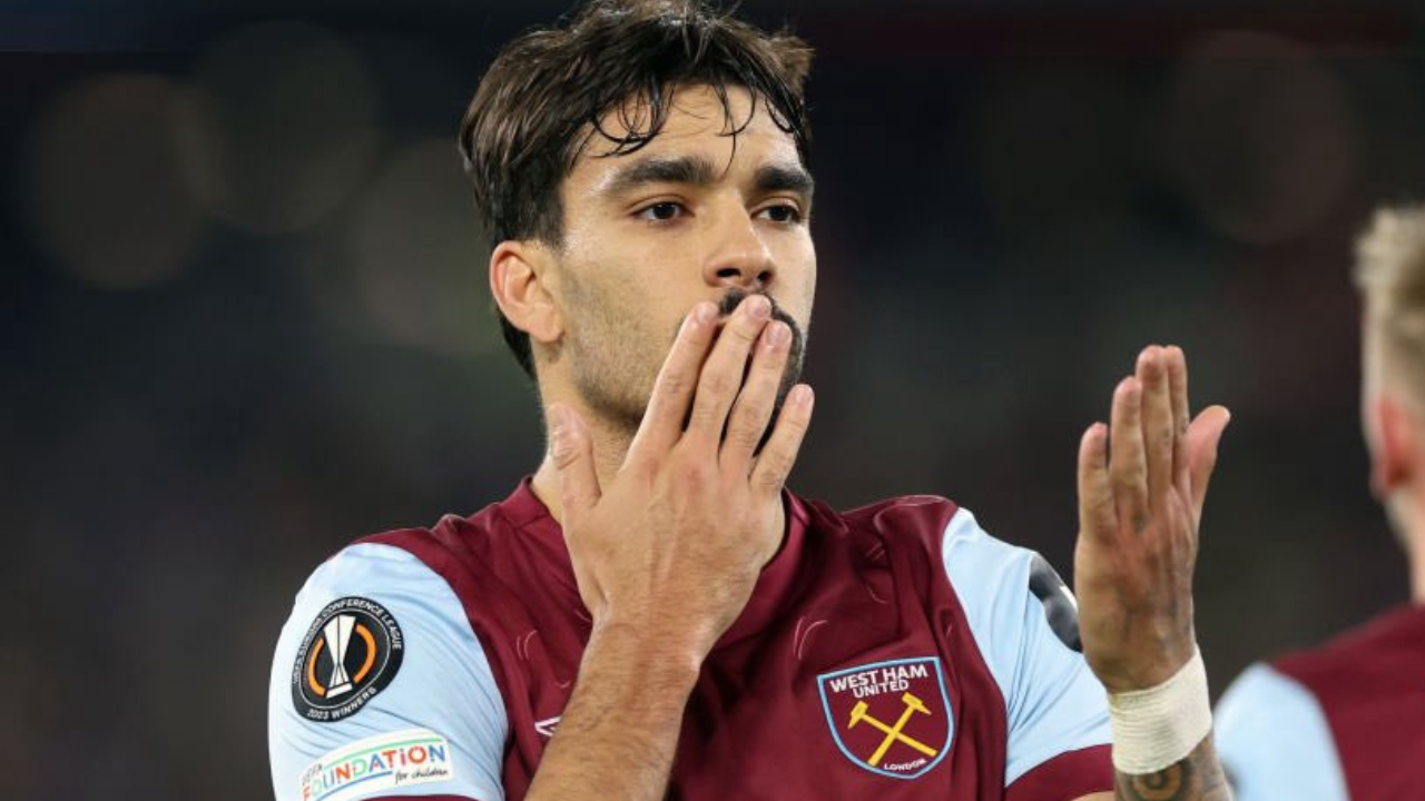 Lucas Paquetá comemorando gol pelo West Ham | Reprodução/X/@datafutebol