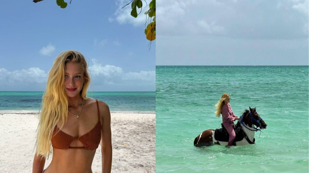 Marina Ruy Barbosa faz fotos com cavalo dentro do mar em destino paradisíaco