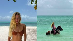 Marina Ruy Barbosa faz fotos com cavalo dentro do mar em destino paradisíaco