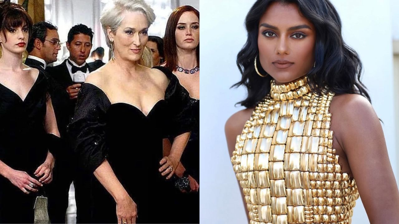 à esquerda, personagens Andrea Sachs, Miranda Priestly e Emily Charlton; à direita, a atriz Simone Ashley | Reprodução/Instagram/@shoke.news/@simoneashley