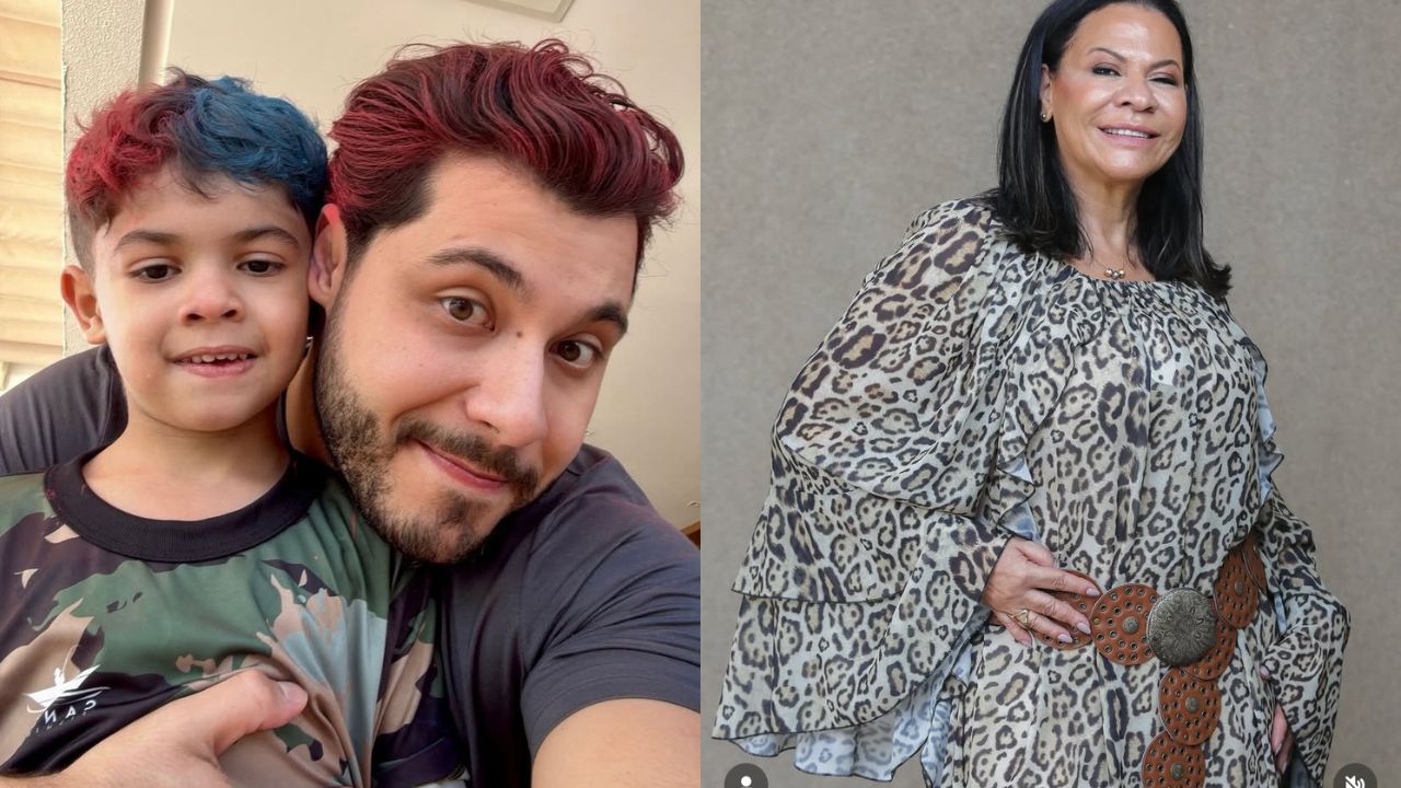 à esquerda, Murilo Huff com o filho, Léo; à direita, dona Ruth | Reprodução/Instagram/@murilohuff/@donaruthoficial