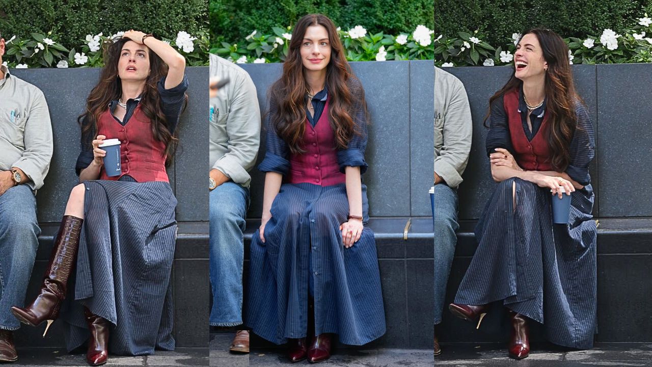 Anne Hathaway durante gravações de 'O Diabo Veste Prada 2' | Reprodução/Jose Perez/XNY/Star Max/Getty Images Embed