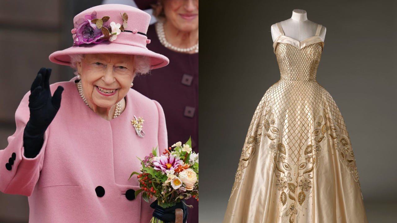 Rainha Elizabeth II e um de seus vestidos | Reprodução/Instagram/@theroyalfamily/@royalcollectiontrust