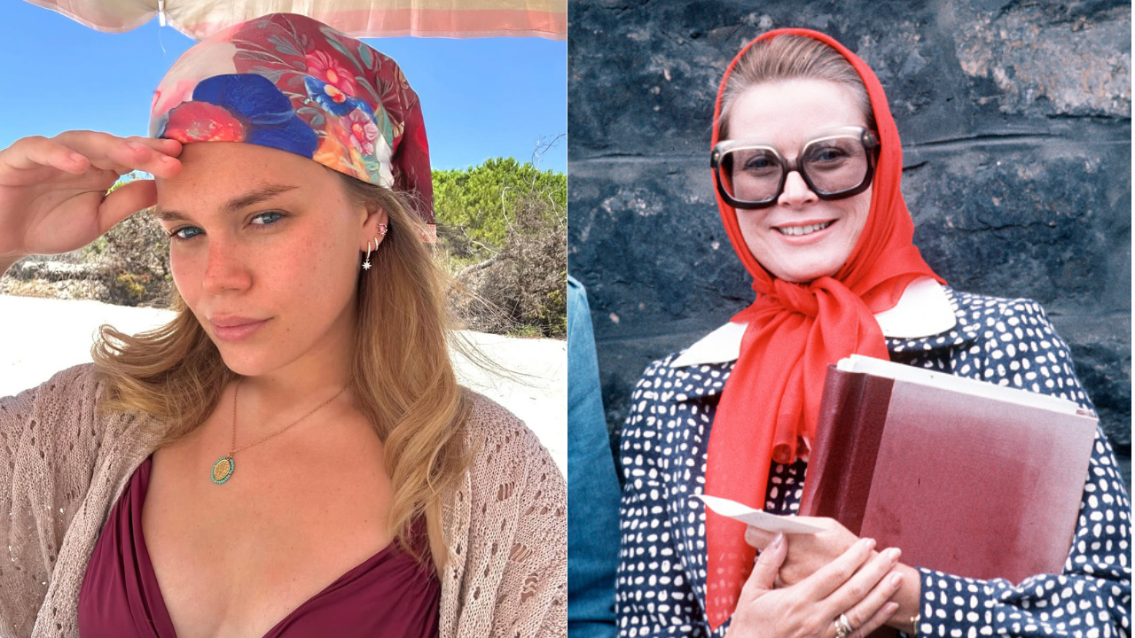 Camille neta de Gacy Kelly utilizando o icônico lenço l 
Reprodução/Instagram/@camillerosegottlieb/Anwar Hussein/Getty Images Embed