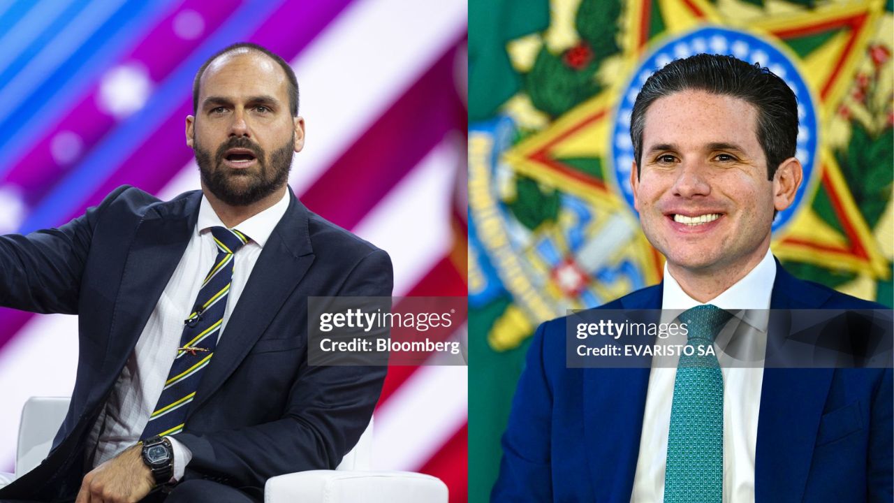 Eduardo Bolsonaro e Hugo Motta | Reprodução: Al Drago/ Bloomberg/ EVARISTO SA/ AFP/ Getty Images Embed