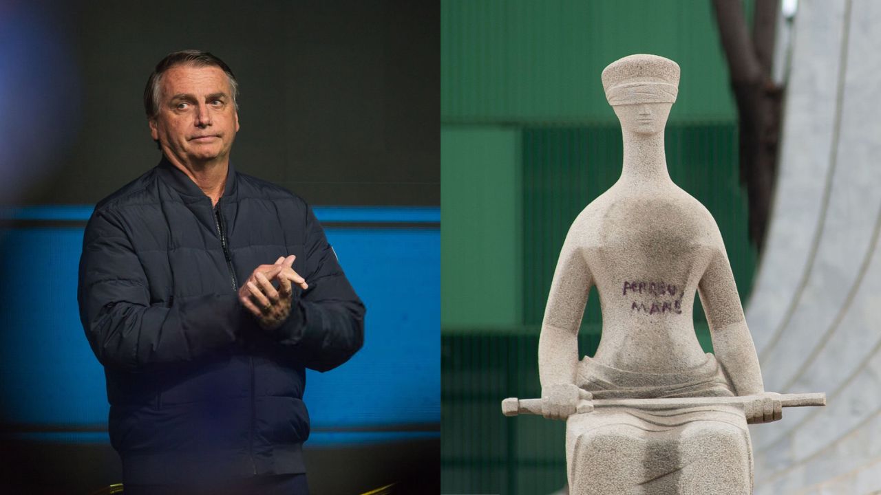 Jair Bolsonaro e danos à estátua do Supremo Tribunal Federal (STF) | Reprodução/ Pedro H. Tesch/ Andressa Anholete/ Getty Images Embed