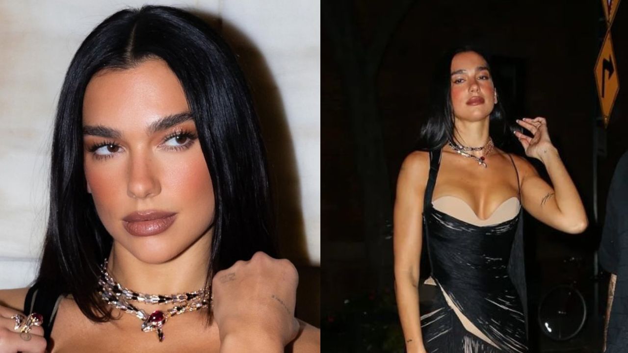 Dua Lipa aposta em vestido com decote poderoso e franjas para evento de moda em Nova York | Reprodução/Instagram/@dualipahd/@duachile
