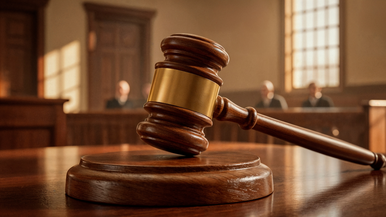 Martelo de juiz sobre a bancada em uma sala de tribunal I Freepik I Inteligência Artificial