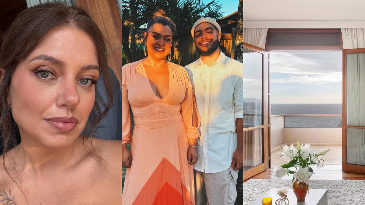 à esquerda, Malu Barbosa; ao centro, Preta Gil e Fran Gil; à direita, vista da mansão da cantora | Reprodução/Instagram/@malupbarbosa/@franciscogil/@nadiabach.fotoarq