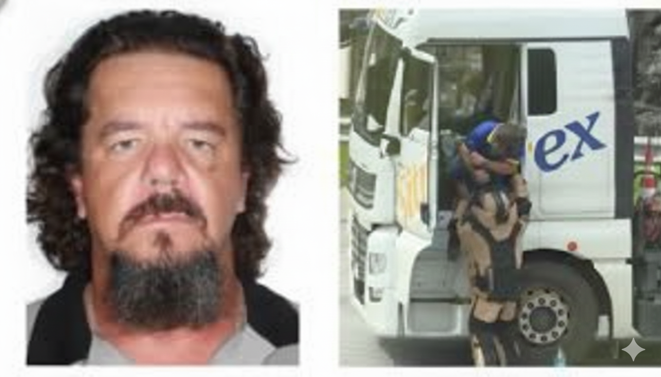 Foto de Dener, ao lado ele sendo resgatado da carreta onde estava | Reprodução/TV Globo/ G1