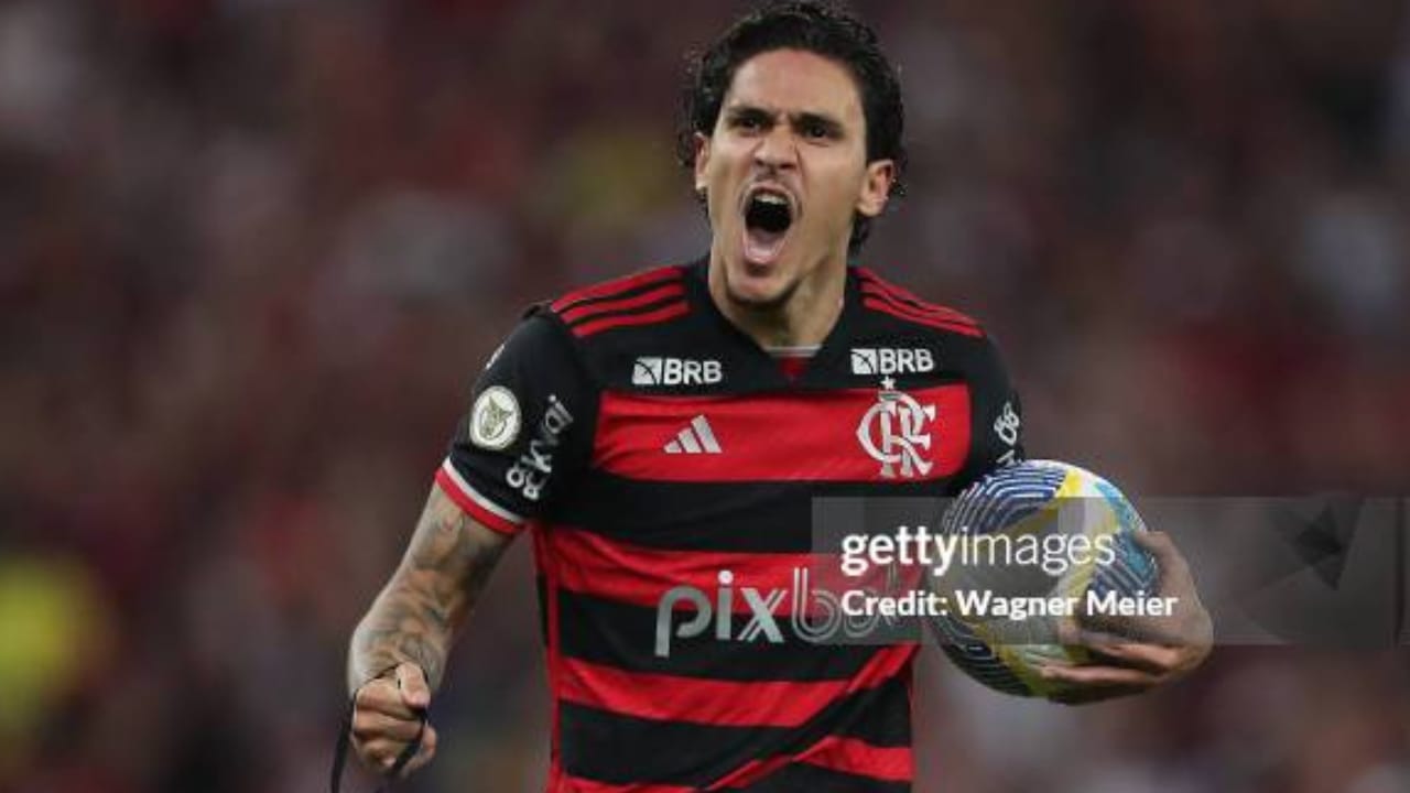 Pedro comemora gol na partida entre Flamengo e Cuiabá | Reprodução/ Wagner Meier/ Getty Images Embed